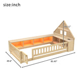 Twin Size Wood Floor Bed with House-Shaped Headboard, Guardrail, Cabinets, LED Light, USB Ports, Kids Platform Bed Frame