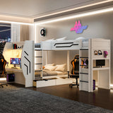3-in-1 Full & Twin Gaming Bunk Bed w/ Desks, LED Lights, Charging Station, Drawers & Pegboard, Multi-User L-Shaped Loft Bed Frame