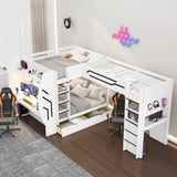 3-in-1 Full & Twin Gaming Bunk Bed w/ Desks, LED Lights, Charging Station, Drawers & Pegboard, Multi-User L-Shaped Loft Bed Frame