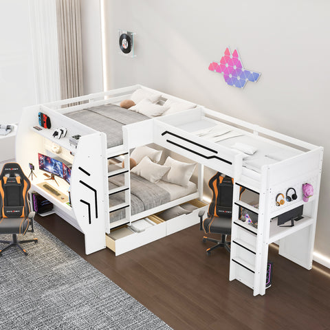 3-in-1 Full & Twin Gaming Bunk Bed w/ Desks, LED Lights, Charging Station, Drawers & Pegboard, Multi-User L-Shaped Loft Bed Frame