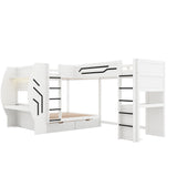 3-in-1 Full & Twin Gaming Bunk Bed w/ Desks, LED Lights, Charging Station, Drawers & Pegboard, Multi-User L-Shaped Loft Bed Frame