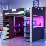 Full Size LED Loft Bed with U-Shaped Desk, USB Ports & 3 Drawers Gaming Bed Frame for Teens/Adults