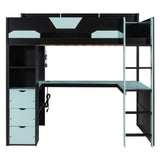 Full Size LED Loft Bed with U-Shaped Desk, USB Ports & 3 Drawers Gaming Bed Frame for Teens/Adults