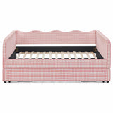 Full Size Gingham Daybed, 3‑in‑1 Upholstered Sofa Bed with Wave Backrest, Trundle & Side Pocket for Bedroom, Living Room