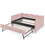 Full Size Gingham Daybed, 3‑in‑1 Upholstered Sofa Bed with Wave Backrest, Trundle & Side Pocket for Bedroom, Living Room
