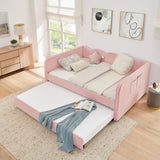 Full Size Gingham Daybed, 3‑in‑1 Upholstered Sofa Bed with Wave Backrest, Trundle & Side Pocket for Bedroom, Living Room