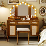 Makeup Vanity Desk Dressing Table with Tri-Fold Mirror, LED Hollywood Bulbs, Drawers & Charging Station, Bedroom Vanity Table