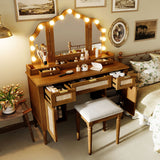 Makeup Vanity Desk Dressing Table with Tri-Fold Mirror, LED Hollywood Bulbs, Drawers & Charging Station, Bedroom Vanity Table