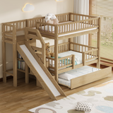Twin over Twin Bunk Bed, Wood Bed Frame with Storage Staircase, Slide and Trundle