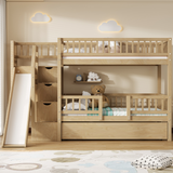 Twin over Twin Bunk Bed, Wood Bed Frame with Storage Staircase, Slide and Trundle
