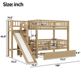 Twin over Twin Bunk Bed, Wood Bed Frame with Storage Staircase, Slide and Trundle
