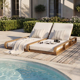 Patio Double Chaise Lounge with Adjustable Back&Water-Resistant Cushions, Weather-Resistant Outdoor Recliner Daybed, Teak&Cream