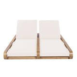 Patio Double Chaise Lounge with Adjustable Back&Water-Resistant Cushions, Weather-Resistant Outdoor Recliner Daybed, Teak&Cream