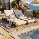 Patio Double Chaise Lounge with Adjustable Back&Water-Resistant Cushions, Weather-Resistant Outdoor Recliner Daybed, Teak&Cream