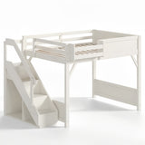 Full Size Loft Bed with Wardrobe, Beside Shelf, Staircase, Slide & Full-length Guardrails, Beige