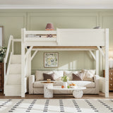 Full Size Loft Bed with Wardrobe, Beside Shelf, Staircase, Slide & Full-length Guardrails, Beige