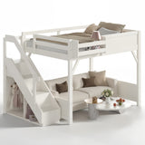 Full Size Loft Bed with Wardrobe, Beside Shelf, Staircase, Slide & Full-length Guardrails, Beige