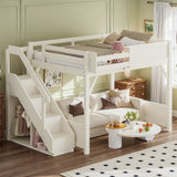 Full Size Loft Bed with Wardrobe, Beside Shelf, Staircase, Slide & Full-length Guardrails, Beige