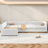 Double Twin Daybed with Trundle and Storage Drawer, L-Shaped Velvet Upholstered Corner Daybed Sofa Bed