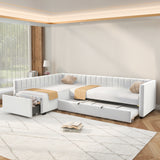 Double Twin Daybed with Trundle and Storage Drawer, L-Shaped Velvet Upholstered Corner Daybed Sofa Bed