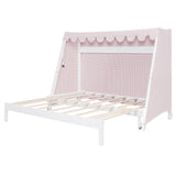 Twin XL House Bed with Trundle, Tent Canopy & LED Light, Kids Floor Bed Frame, Montessori Wood Bed
