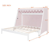 Twin XL House Bed with Trundle, Tent Canopy & LED Light, Kids Floor Bed Frame, Montessori Wood Bed