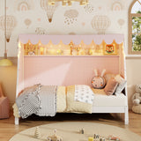 Twin XL House Bed with Trundle, Tent Canopy & LED Light, Kids Floor Bed Frame, Montessori Wood Bed