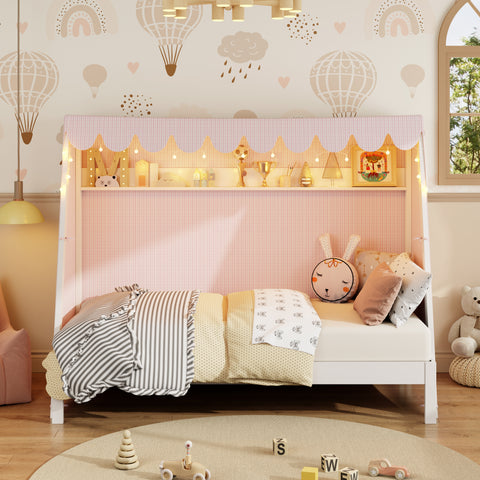 Twin XL House Bed with Trundle, Tent Canopy & LED Light, Kids Floor Bed Frame, Montessori Wood Bed