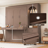 Queen Murphy Bed with Desk, 3 Drawers, Storage Shelf, Closet Rod & LED Light, Space-Saving Wall Bed Cabinet