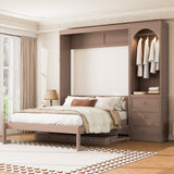 Queen Murphy Bed with Desk, 3 Drawers, Storage Shelf, Closet Rod & LED Light, Space-Saving Wall Bed Cabinet