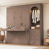 Queen Murphy Bed with Desk, 3 Drawers, Storage Shelf, Closet Rod & LED Light, Space-Saving Wall Bed Cabinet