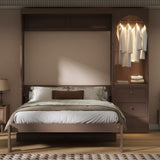 Queen Murphy Bed with Desk, 3 Drawers, Storage Shelf, Closet Rod & LED Light, Space-Saving Wall Bed Cabinet
