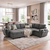 U-Shaped Convertible Sectional Sofa Bed with Storage, USB Ports & Cup Holders, 7-Seater Chenille Sleeper Couch