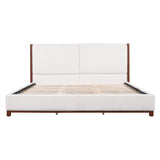 King Upholstered Platform Bed Frame with Headboard, White & Walnut
