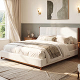 King Upholstered Platform Bed Frame with Headboard, White & Walnut