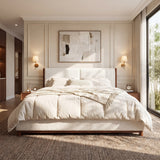 King Upholstered Platform Bed Frame with Headboard, White & Walnut