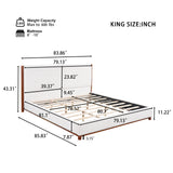 King Upholstered Platform Bed Frame with Headboard, White & Walnut
