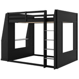 Queen Size Wooden Gaming Bunk Bed with Desk, USB Ports & LED Light, Gamer Loft Bed Frame with PC Space