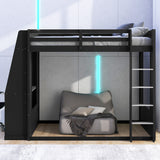 Queen Size Wooden Gaming Bunk Bed with Desk, USB Ports & LED Light, Gamer Loft Bed Frame with PC Space