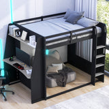 Queen Size Wooden Gaming Bunk Bed with Desk, USB Ports & LED Light, Gamer Loft Bed Frame with PC Space