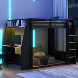 Queen Size Wooden Gaming Bunk Bed with Desk, USB Ports & LED Light, Gamer Loft Bed Frame with PC Space