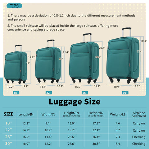 4 PCS Softside Luggage Set, Expandable Travel Suitcases with Spinner Wheels & TSA Lock for Travel/School, Green (18", 22", 26", 30")