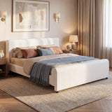King Upholstered Platform Bed Frame with Rounded Headboard & Footboard, Modern Minimalist Bed, White