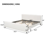 King Upholstered Platform Bed Frame with Rounded Headboard & Footboard, Modern Minimalist Bed, White