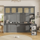 Full Size Murphy Bed, Foldable Wall Bed with Desk. Open Shelves & Rattan Cabinets for Bedroom, Apartment, Office, Space-Saving