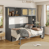 Full Size Murphy Bed, Foldable Wall Bed with Desk. Open Shelves & Rattan Cabinets for Bedroom, Apartment, Office, Space-Saving