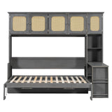 Full Size Murphy Bed, Foldable Wall Bed with Desk. Open Shelves & Rattan Cabinets for Bedroom, Apartment, Office, Space-Saving