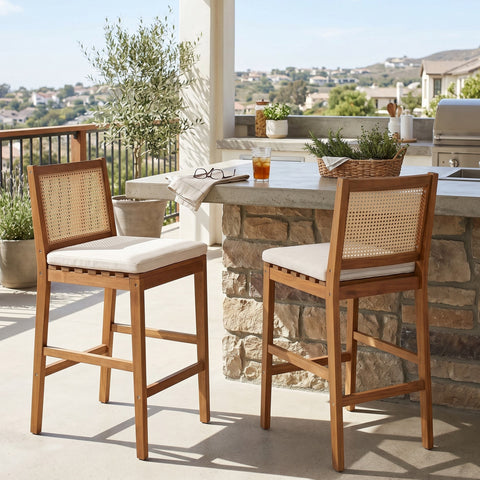 Set of 2 Outdoor Bar Stools with Cushion, Weather-resistant Patio Dining Chairs Indoor Counter Height Stools, Teak