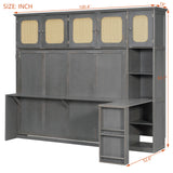 Full Size Murphy Bed, Foldable Wall Bed with Desk. Open Shelves & Rattan Cabinets for Bedroom, Apartment, Office, Space-Saving