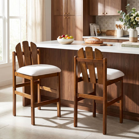 Set of 2 Bar Stools with Soft Cushion, Rubber Wood Counter Stools Dining Chairs, Walnut&Beige